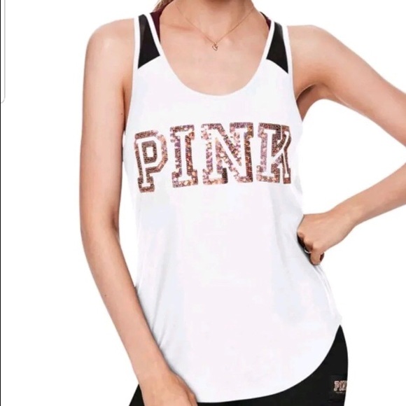 PINK Victoria's Secret Tops - Victoria’s Secret Pink Mesh Back Tank Bling White